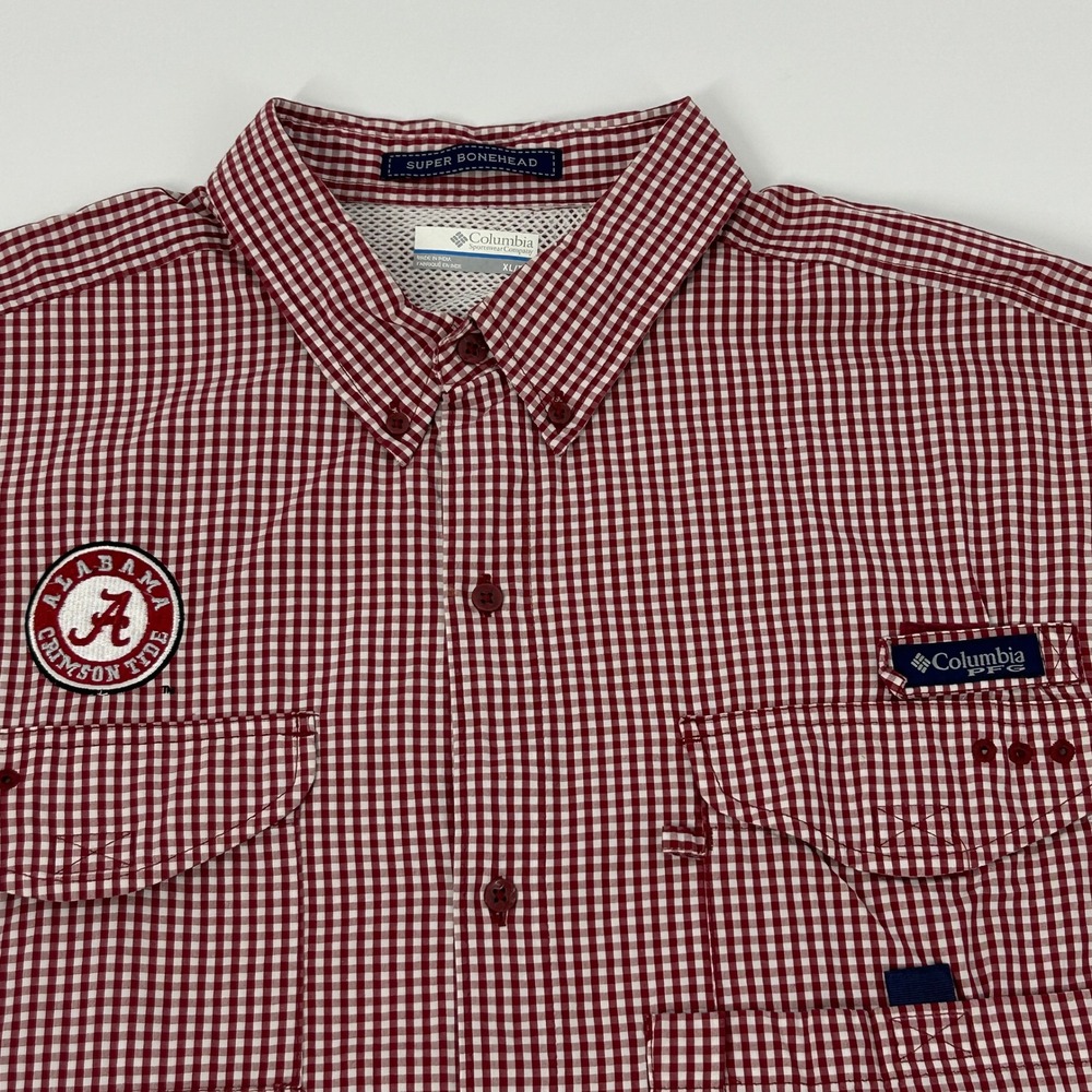 Alabama Crimson Tide‎ Shirt Men XL Red White Gingham Columbia Super Bonehead PFG